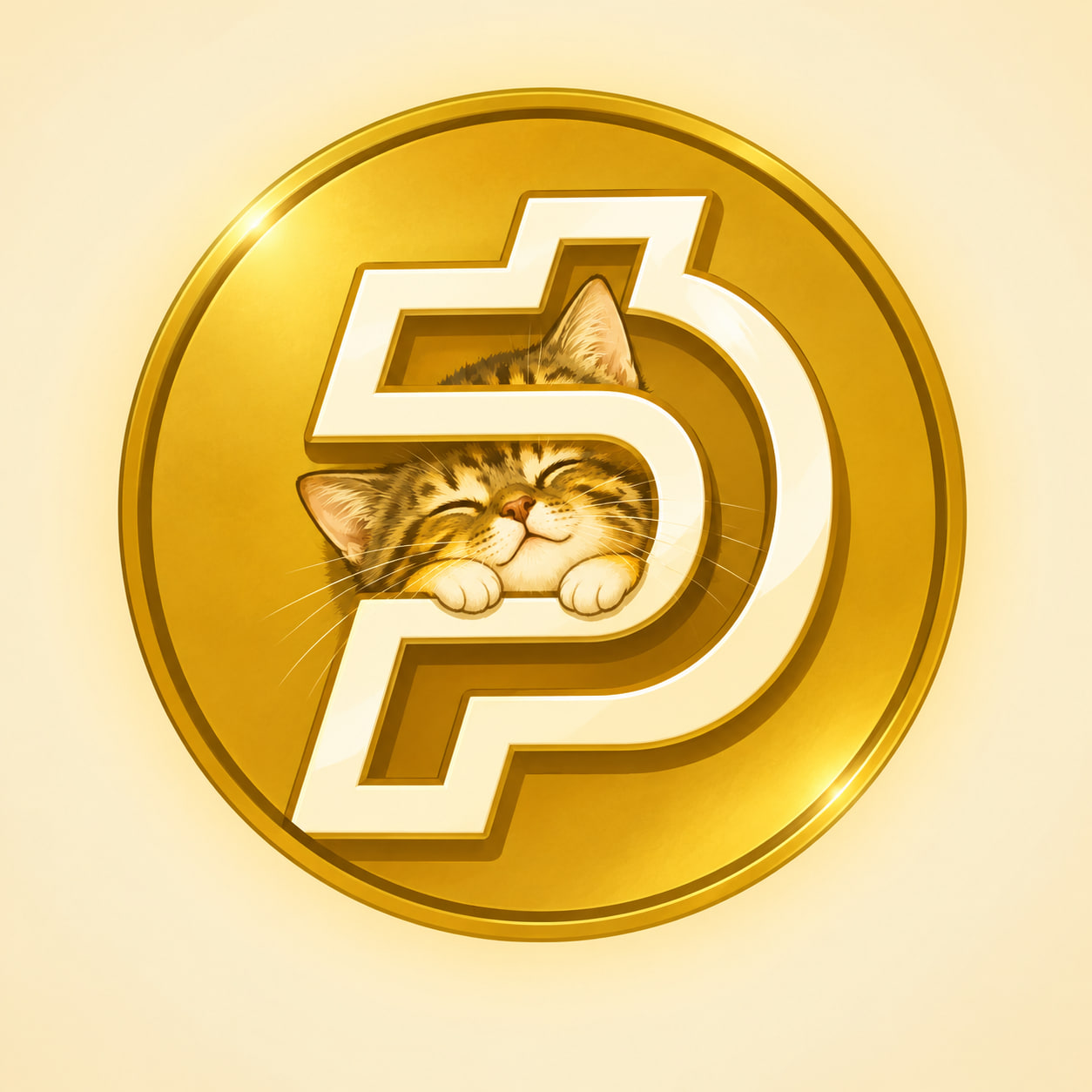 A sleeping striped cat resting inside a white mark on a golden coin